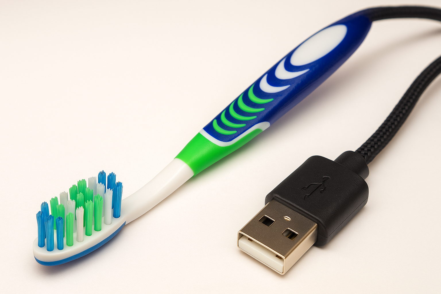 Higiena cyfrowa – symboliczne połączenie szczoteczki do zębów i kabla USB jako metafora zdrowych nawyków technologicznych