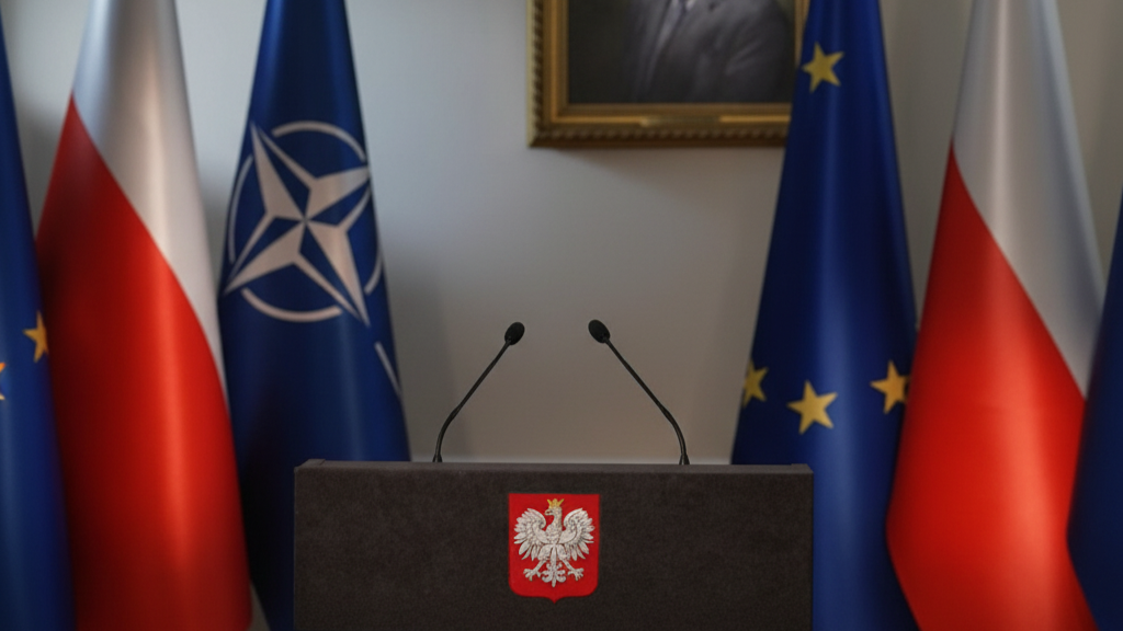 Mównica prezydencka z godłem Polski na tle flag UE, NATO i Polski – symbol władzy i suwerenności